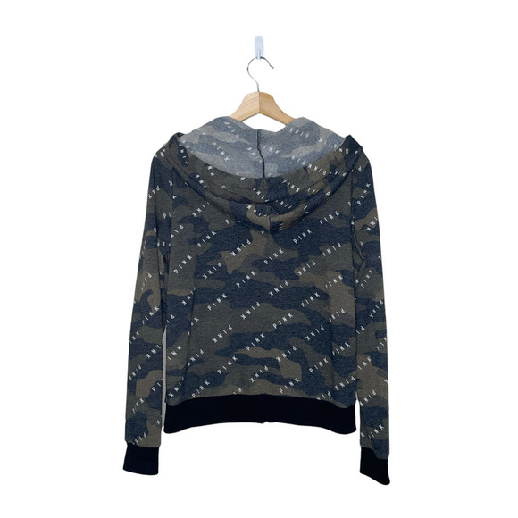Pink Zip Up Hoodie Womens Small S Camouflage White Logo Print Kangaroo Pockets - Picture 3 of 12